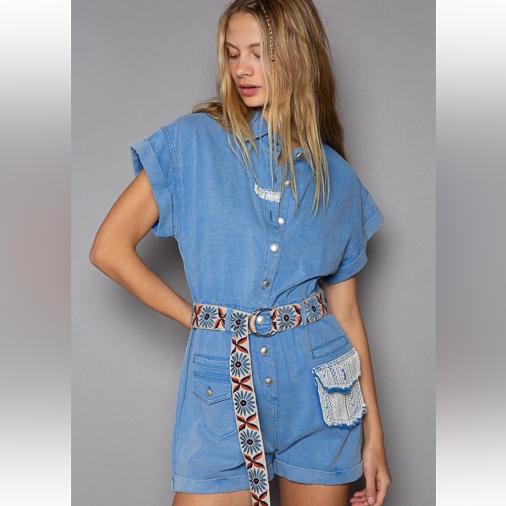 POL Lg Blue Denim Short Sleeve Button Romper